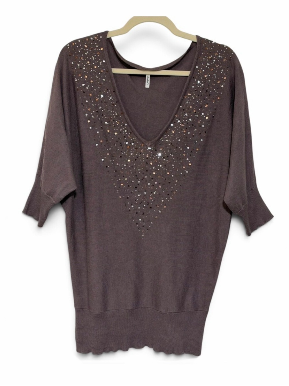 Studio Y Brown Embellished V-Neck Short Sleeve Sweater